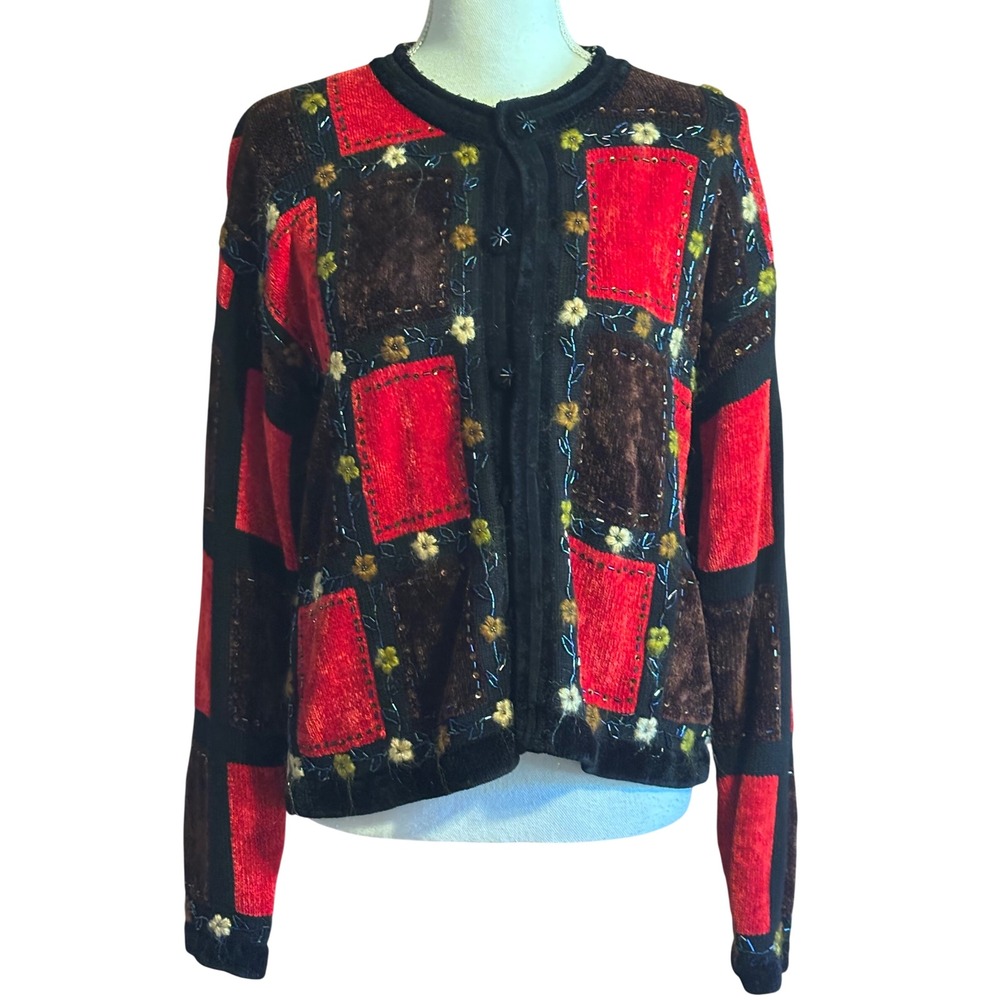 Just B Vintage Patchwork Chenille Cardigan Beaded Sequin Embroidered Medium